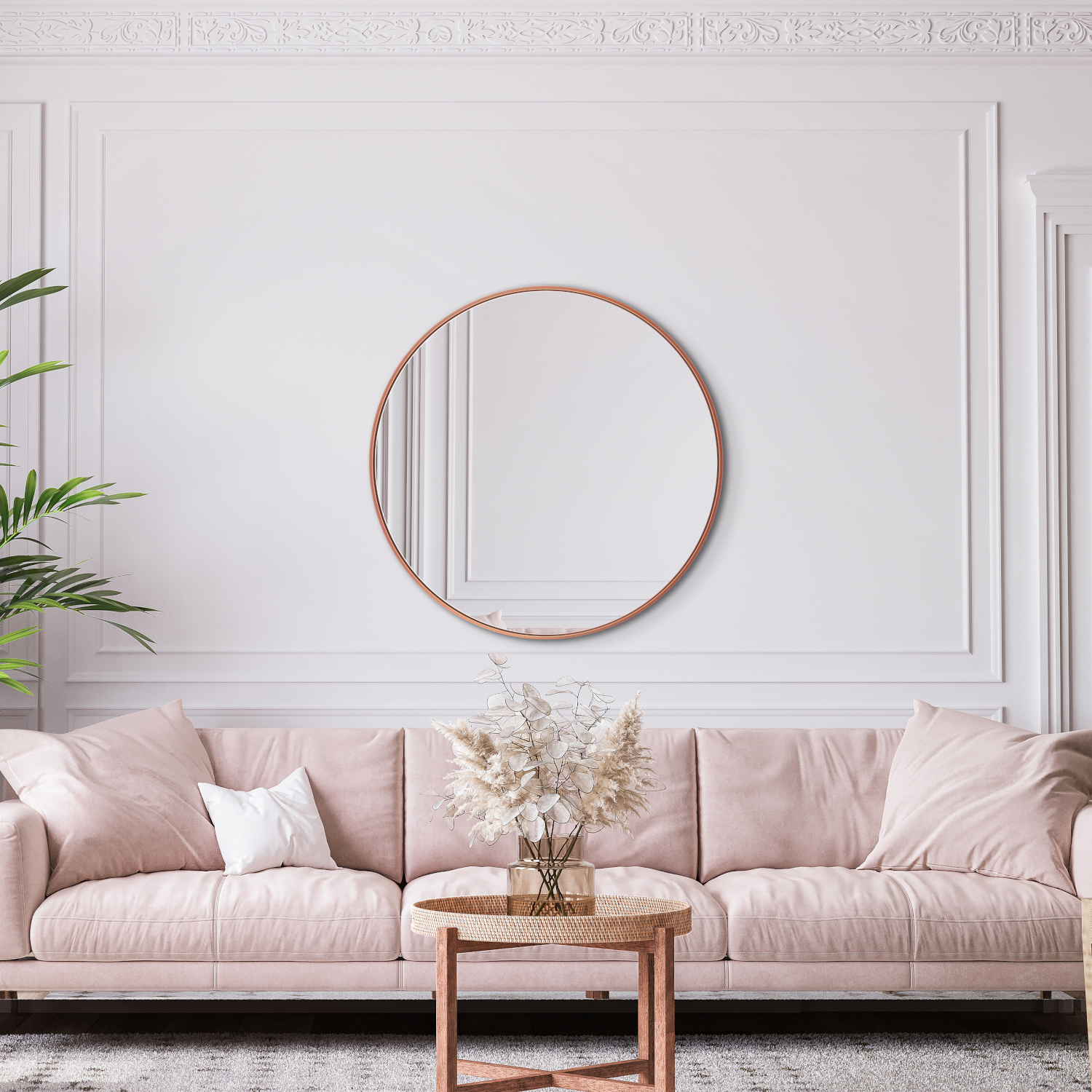 Lustro okrągłe scandinavia delicate copper ruke lustro skandynawskie aranżacja salonu